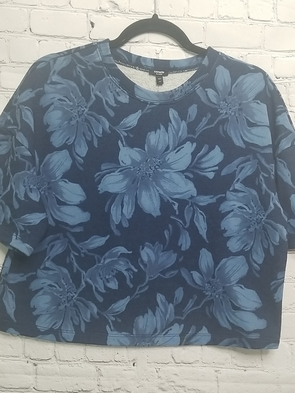 EXPRESS womens top size XSmall crop   "Boyfriend" style dark/light blue NWT